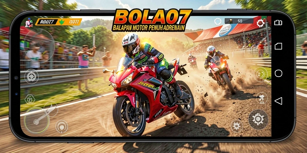 Screenshot gameplay BOLA07 dengan aksi balapan motor yang mendebarkan.