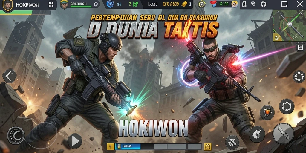 Screenshot gameplay HOKIWON menampilkan aksi pertempuran Battle Royale yang intens.