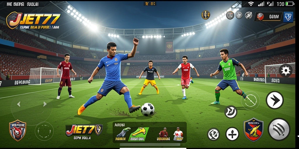 Tampilan gameplay <strong>JET77</strong> dengan aksi pertandingan sepak bola yang menegangkan.