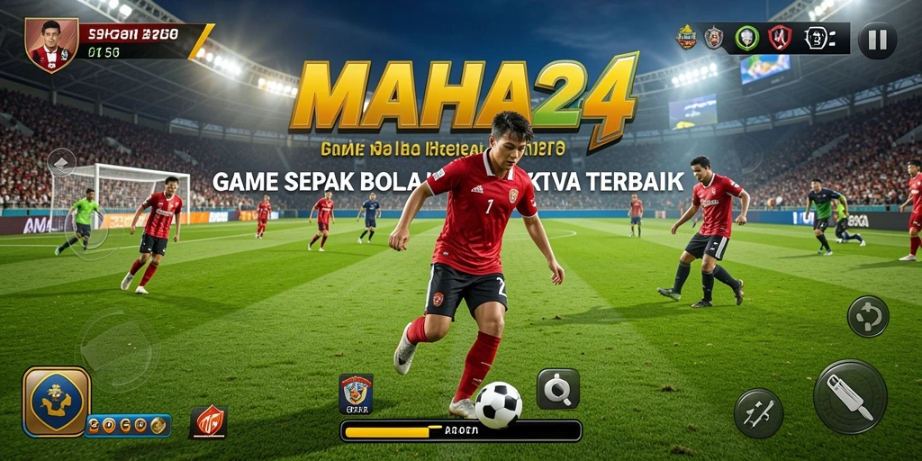 Tampilan gameplay MAHA24 dengan aksi sepak bola yang mendebarkan.